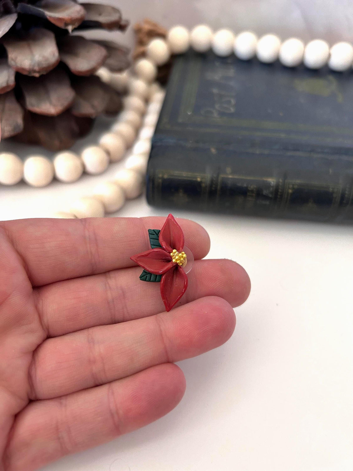 Christmas Burgundy Red Poinsettia Flower Half Stud Earrings, Holiday Clay Studs, Stocking Stuffers