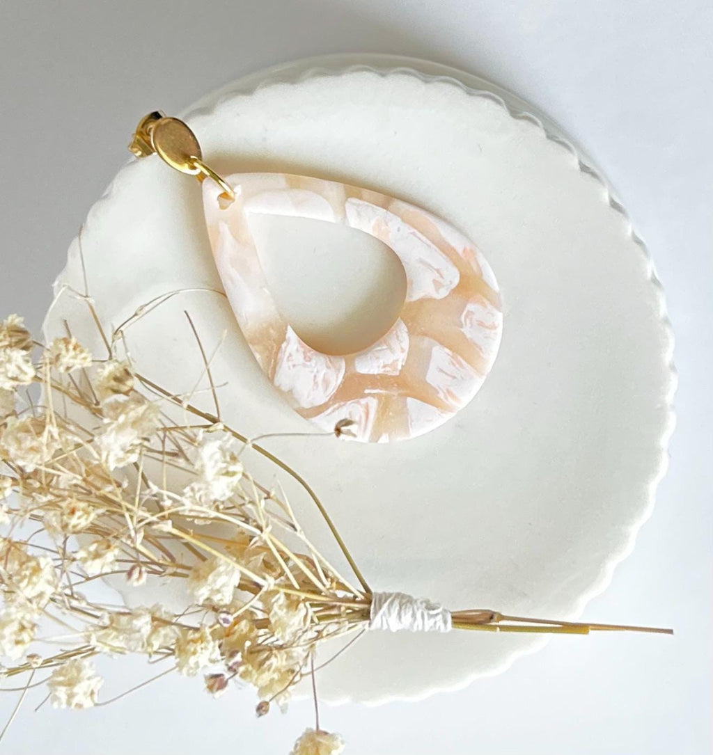 Abstract Teardrop Hoop Earrings, Peach and White Clay Earrings, Handmade Boho Fashion Jewelry