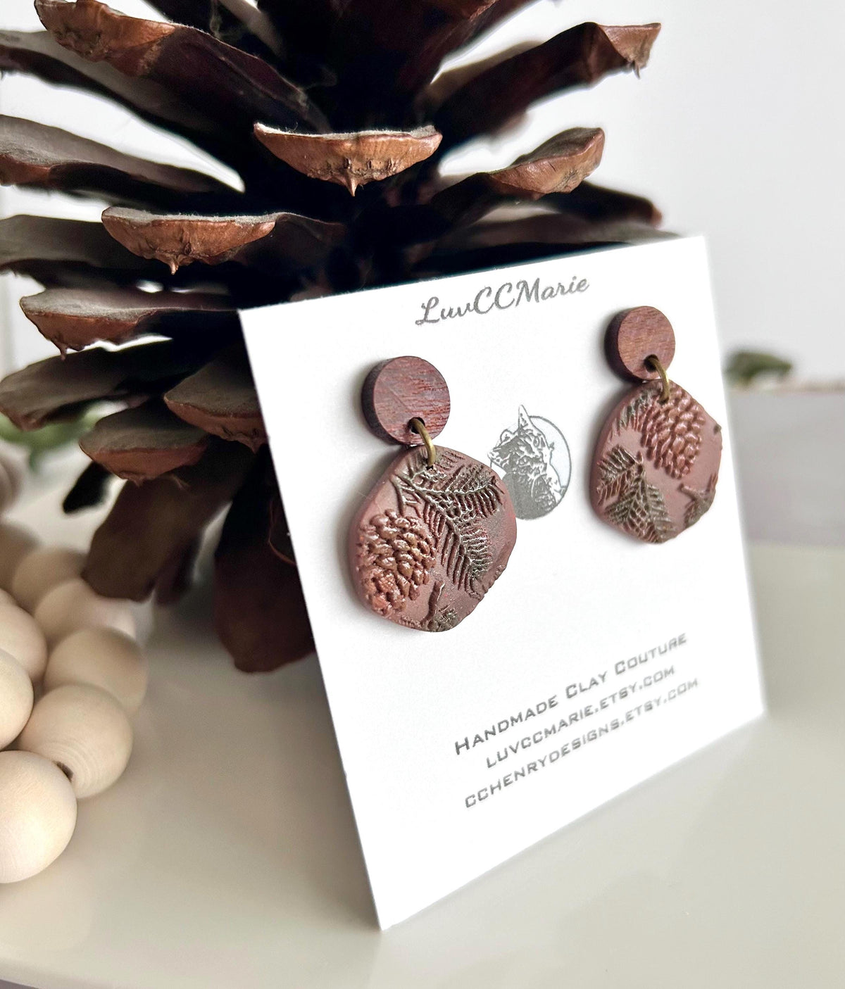 Pine Bough Clay and Wood Dangle Earrings, Fall Pinecone Walnut Stud Boho Jewelry