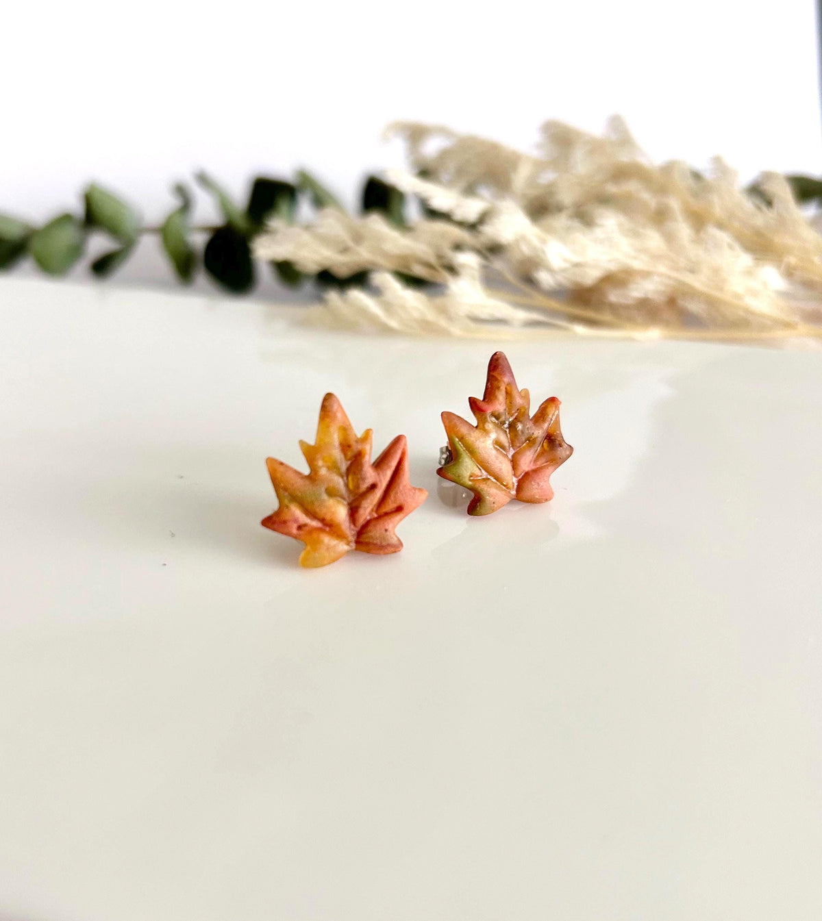 Maple Leaf Stud Earrings, Clay Studs, Handmade Multicolor Fall Jewelry