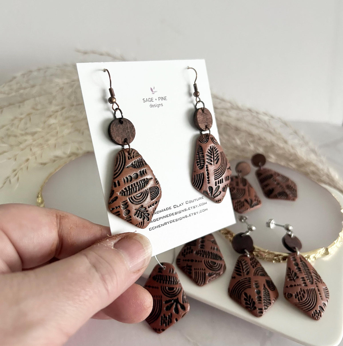 Brown & Black Boho Earrings, Embossed Folk Dangles, Clay Wood Faux Leather Fall Terracotta Mexican