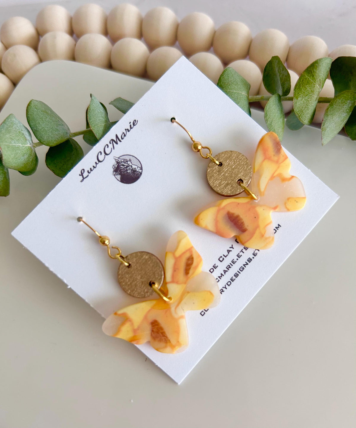 Yellow and Gold Butterfly Earrings, Daffodil Flower Clay and Wood Drop Dangles