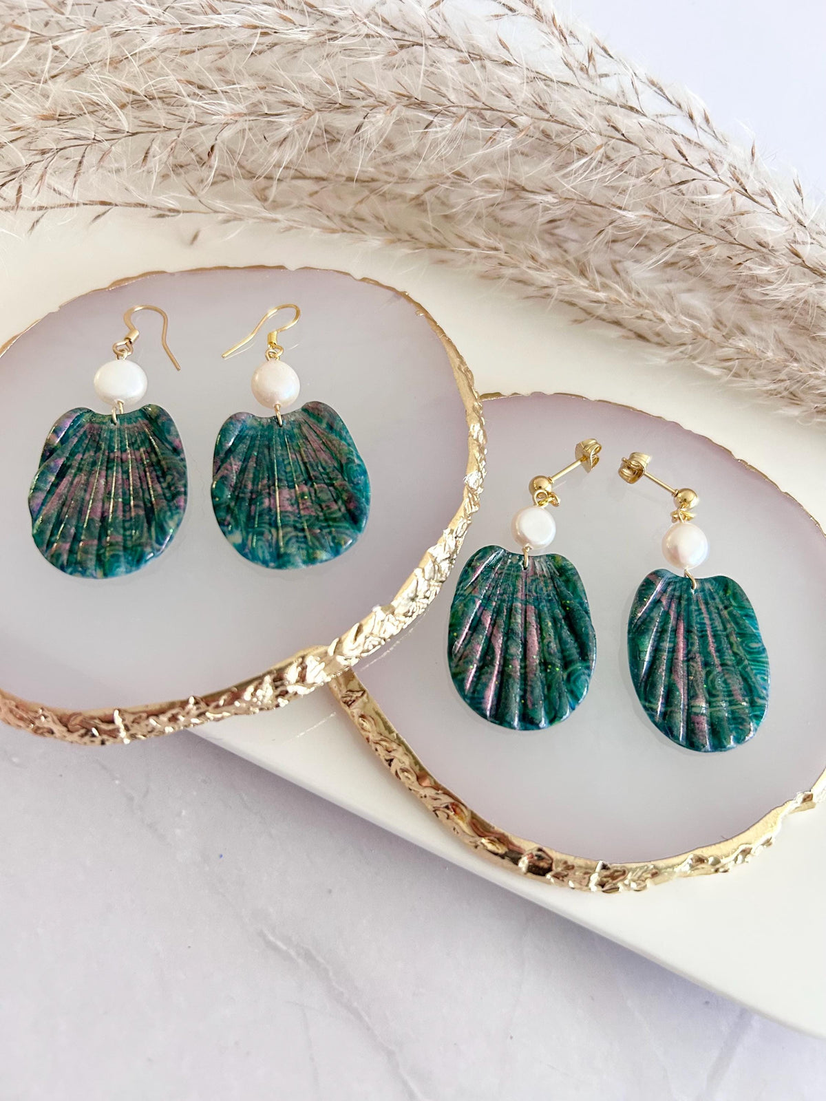 Pearl Shell Dangle Earrings, Abalone Inspired Seashell Dangles, Handmade Clay Coastal Jewelry