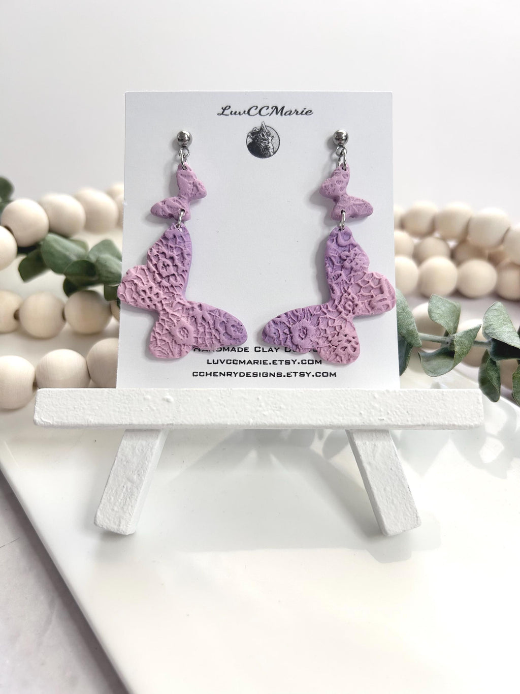 Lavender Floral Butterfly Earrings, Light Purple Embossed Dangles, Handmade Clay Jewelry Gift