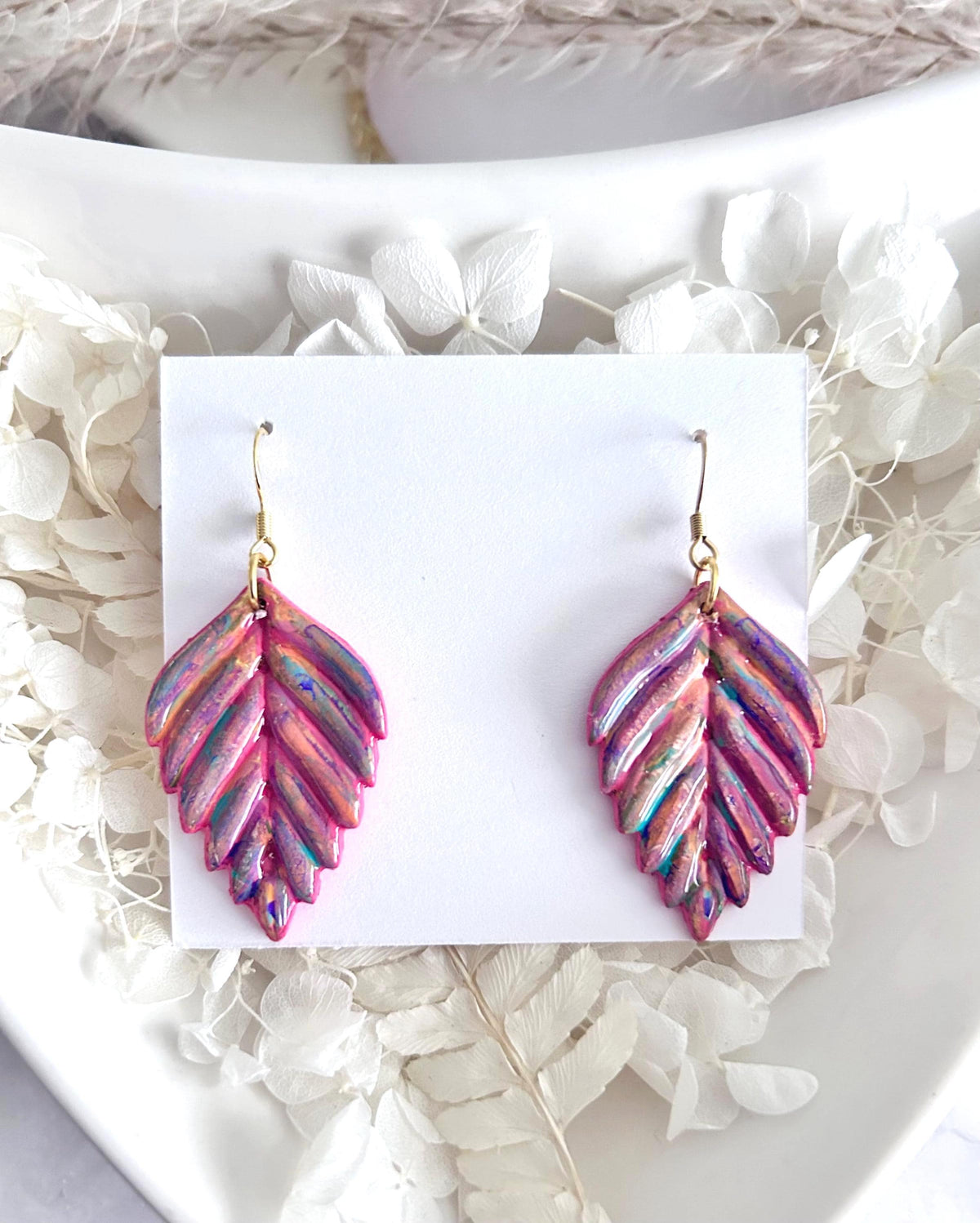 Hand Painted Leaf Earrings, 24k Gold Multicolor Earrings, Colorful Ceramic Clay Dangles, Hypoallergenic Clay Lightweight Jewelry