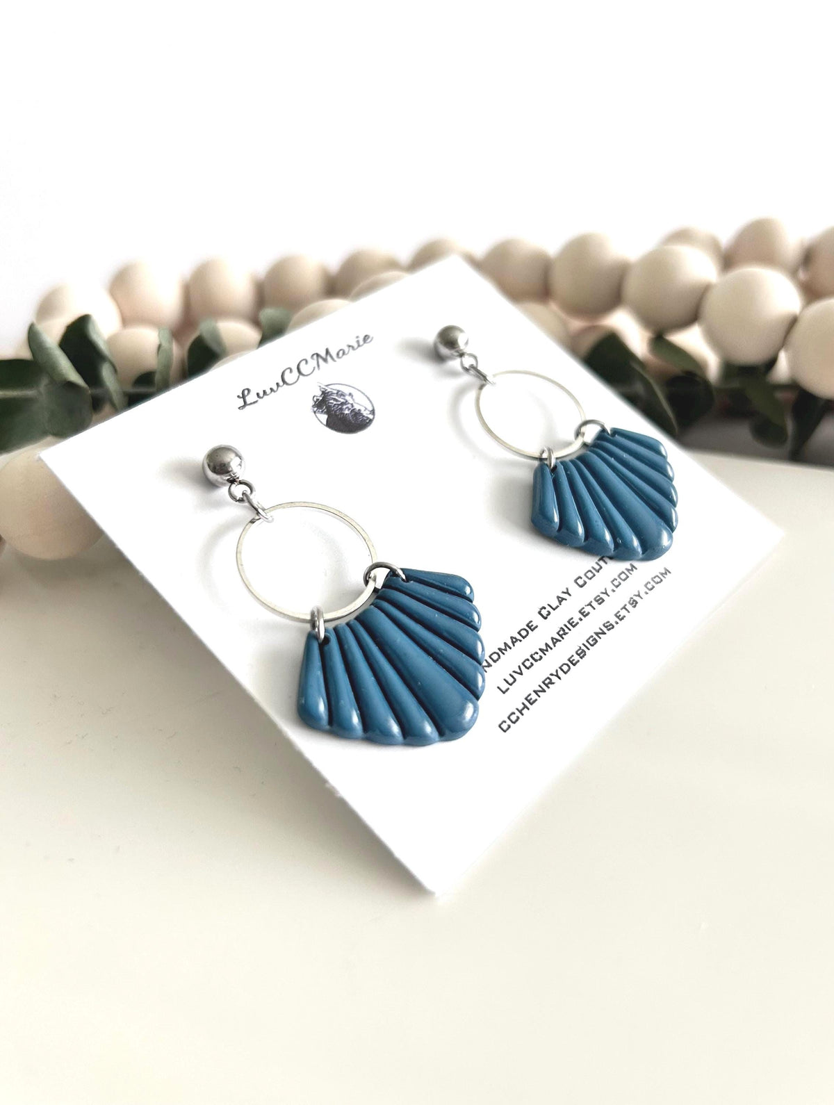 Teal Blue and Silver Dangle Earrings, Handmade Clay Hoop Dangles, Coastal Vacation Jewelry Gift
