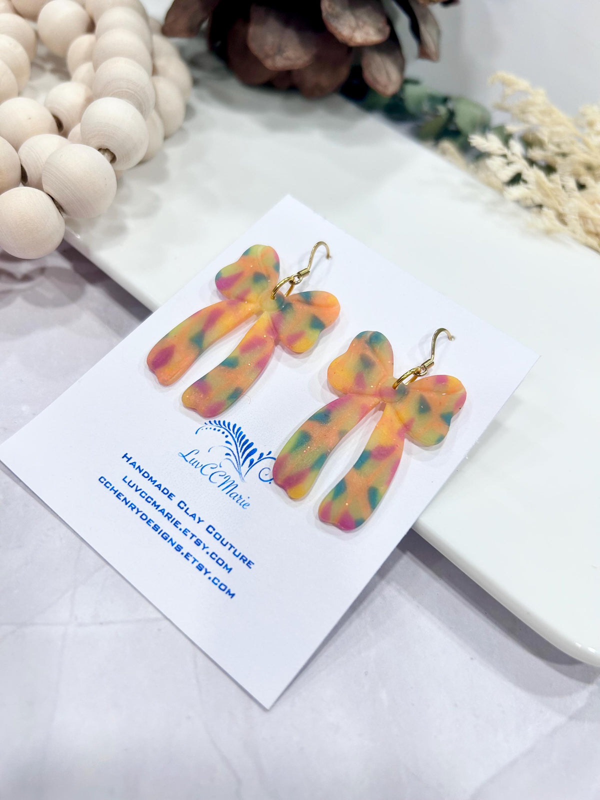 Neon Earrings, 80s Bow Hoop Dangles, Fluorescent Handmade Clay Jewelry Gift