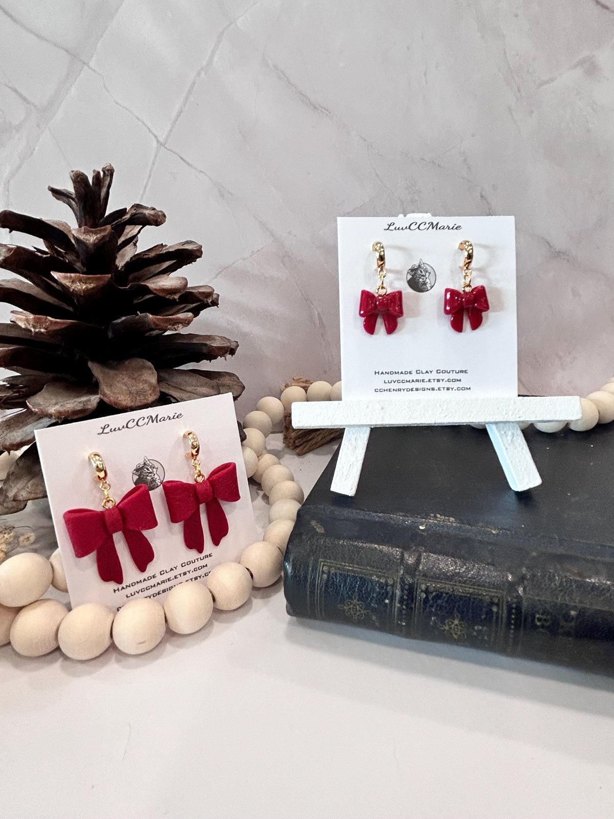 Red Clay Bow Knot Holiday Earrings, Hypoallergenic Dangles