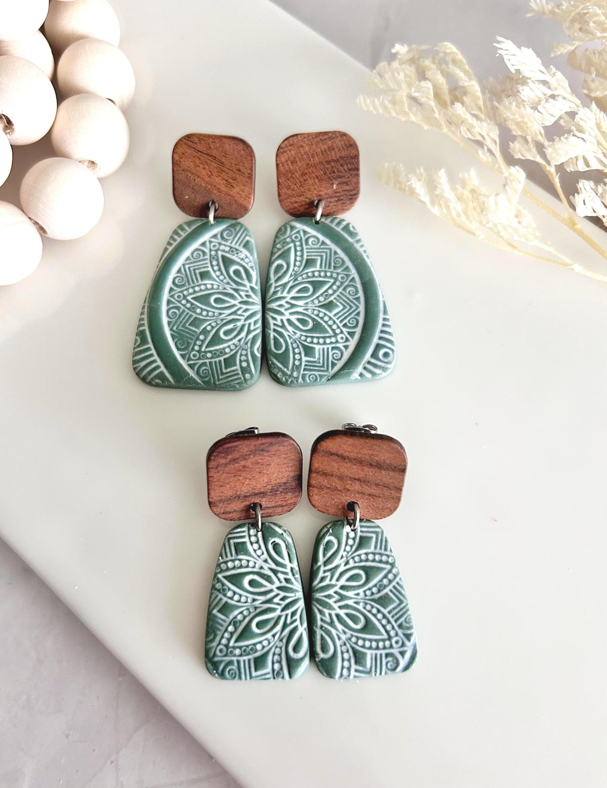 Sage and White Clay Earrings, Mandala Dangles, Floral Clay & Wood Boho Neutral Handmade Jewelry