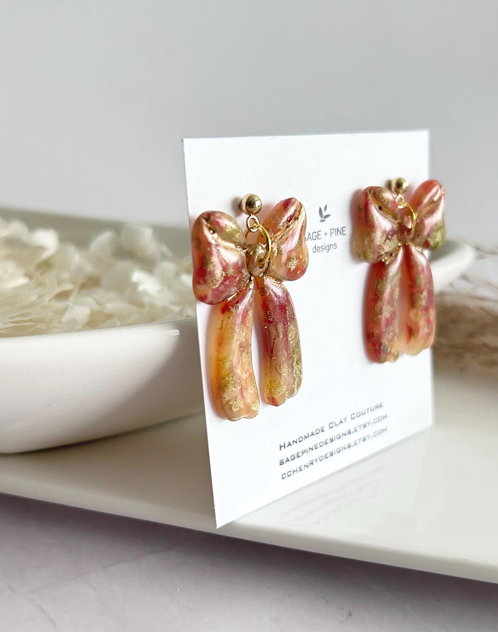 Delicate Falling Leaves Bow Earrings, Autumn tones with Gold Hoops, Boho Clay Handmade Jewelry
