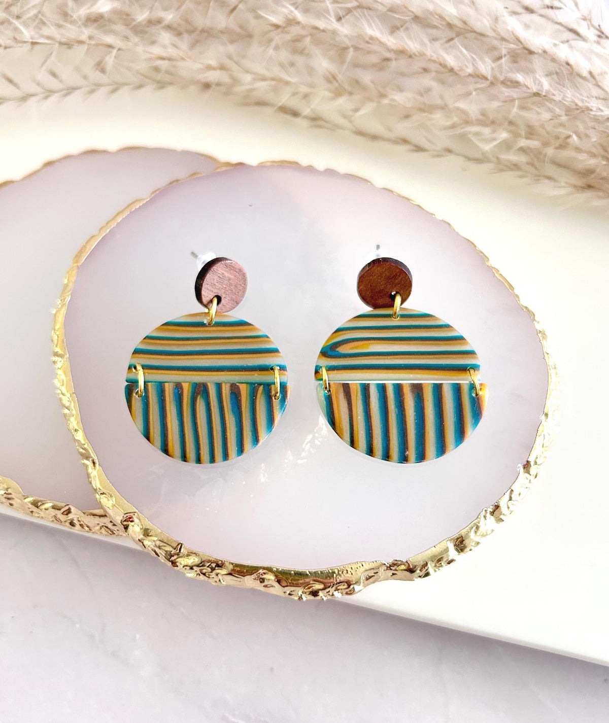Burgundy Striped Earrings, Teal Mustard Fall Earrings, Multicolor Handmade Boho Wood Clay Drop Dangles