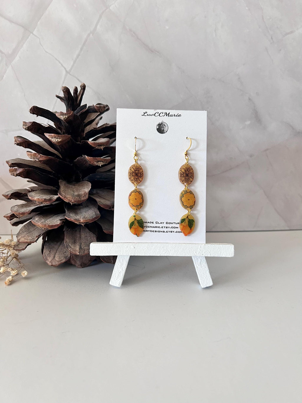 Lemon Mexican Tile Dangles, Santorini Earrings, Yellow Clay Long Handmade Lightweight Hypoallergenic