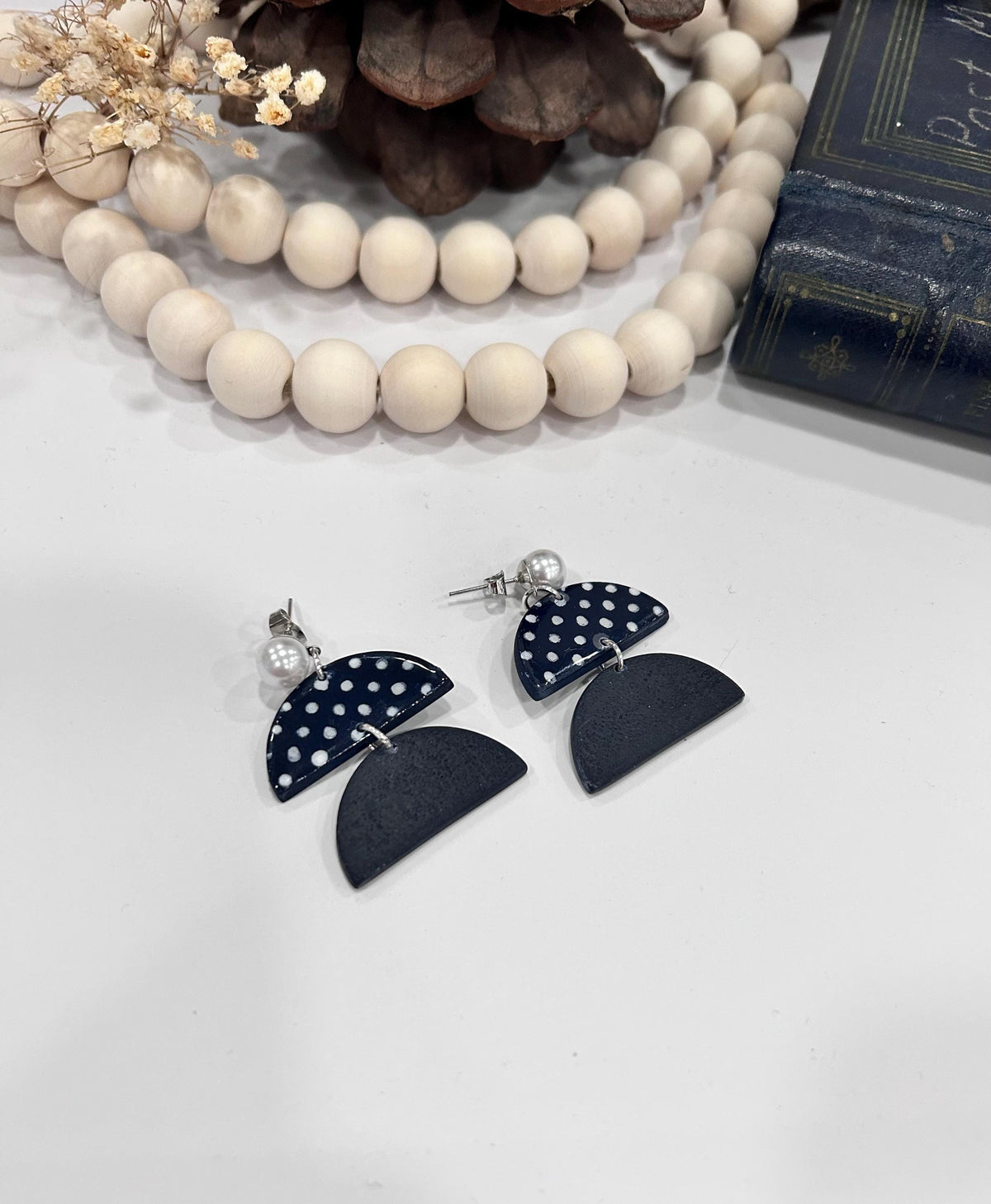 Navy Blue Handmade Polka Dot Clay Dangle Earrings: Retro Boho Pearl Studs