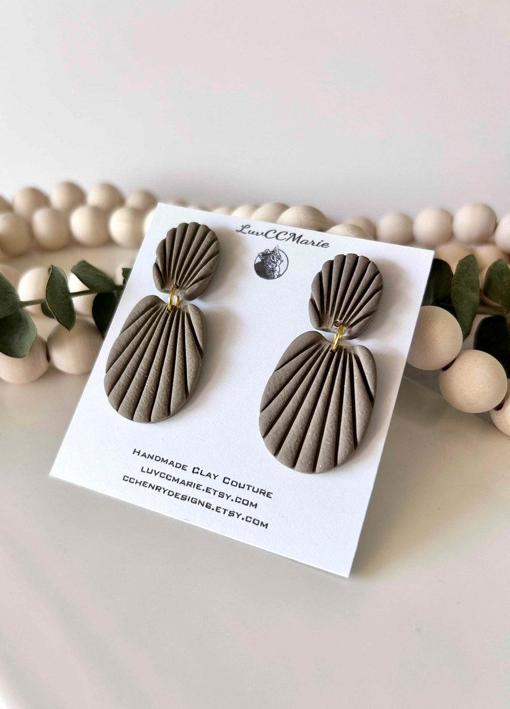 Khaki Neutral Seashell Earrings, Stud Drop Dangles, Coastal Beach Vacation Clay Jewelry, Hypoallergenic Lightweight