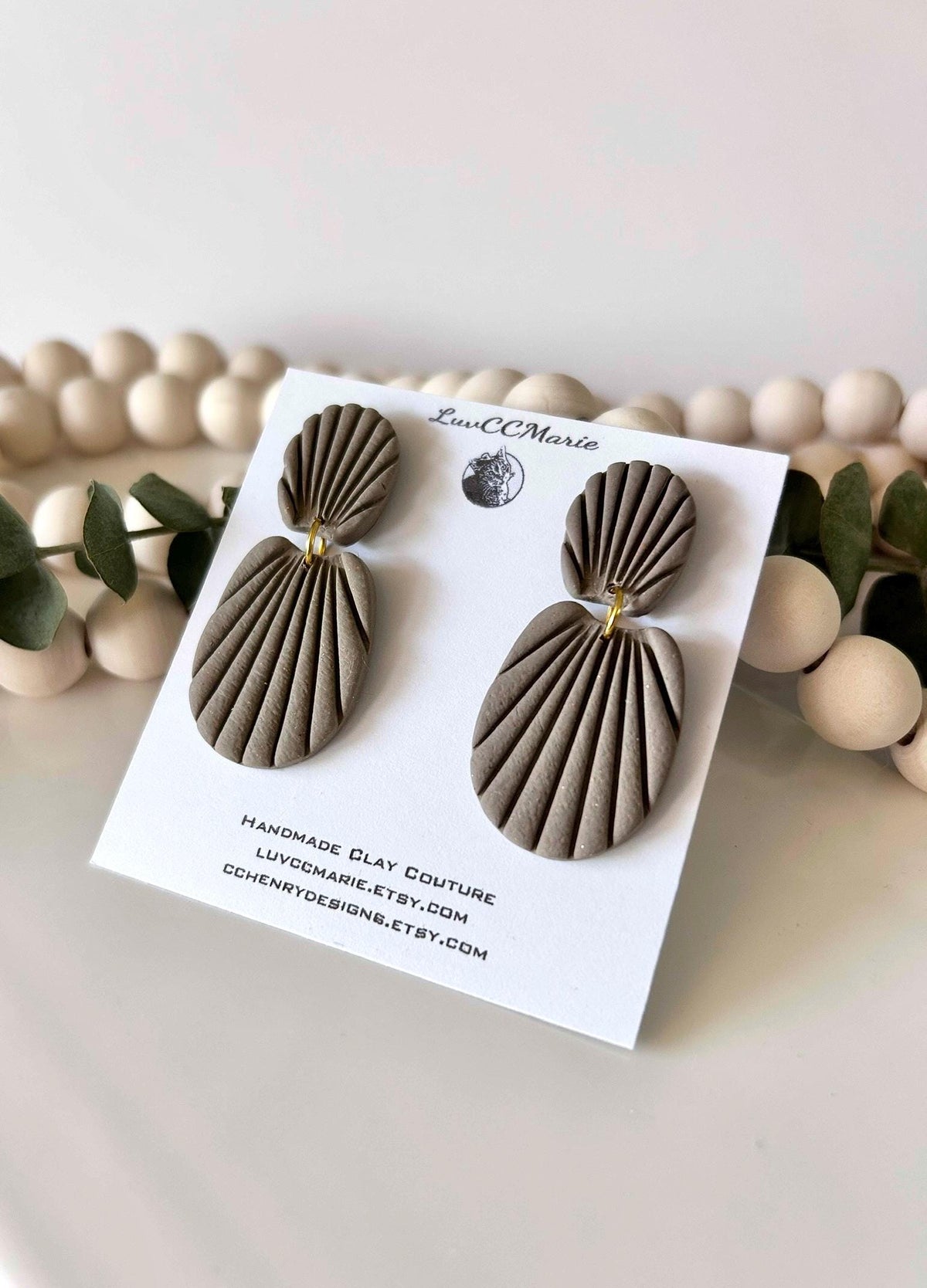 Khaki Neutral Seashell Earrings, Stud Drop Dangles, Coastal Beach Vacation Clay Jewelry, Hypoallergenic Lightweight