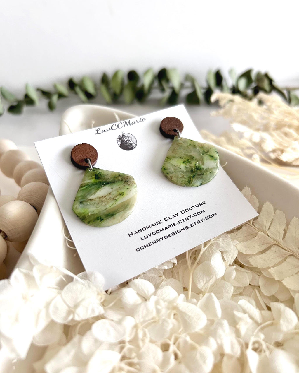 Moss Green Drop Earrings, Olive Army Clay and Wood Lightweight Dangles, Handmade Jewelry Gift