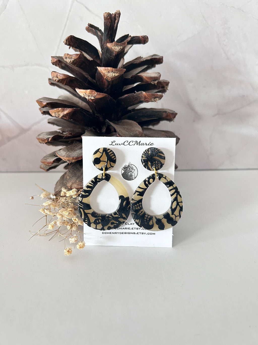 Black and Beige Lace Teardrop Wedding Earrings, Black Clay Bridal Dangles, Handmade Jewelry
