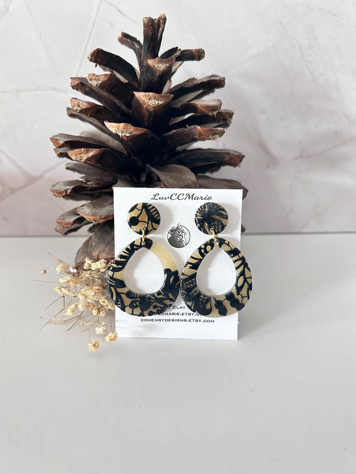 Black and Beige Lace Teardrop Wedding Earrings, Black Clay Bridal Dangles, Handmade Jewelry