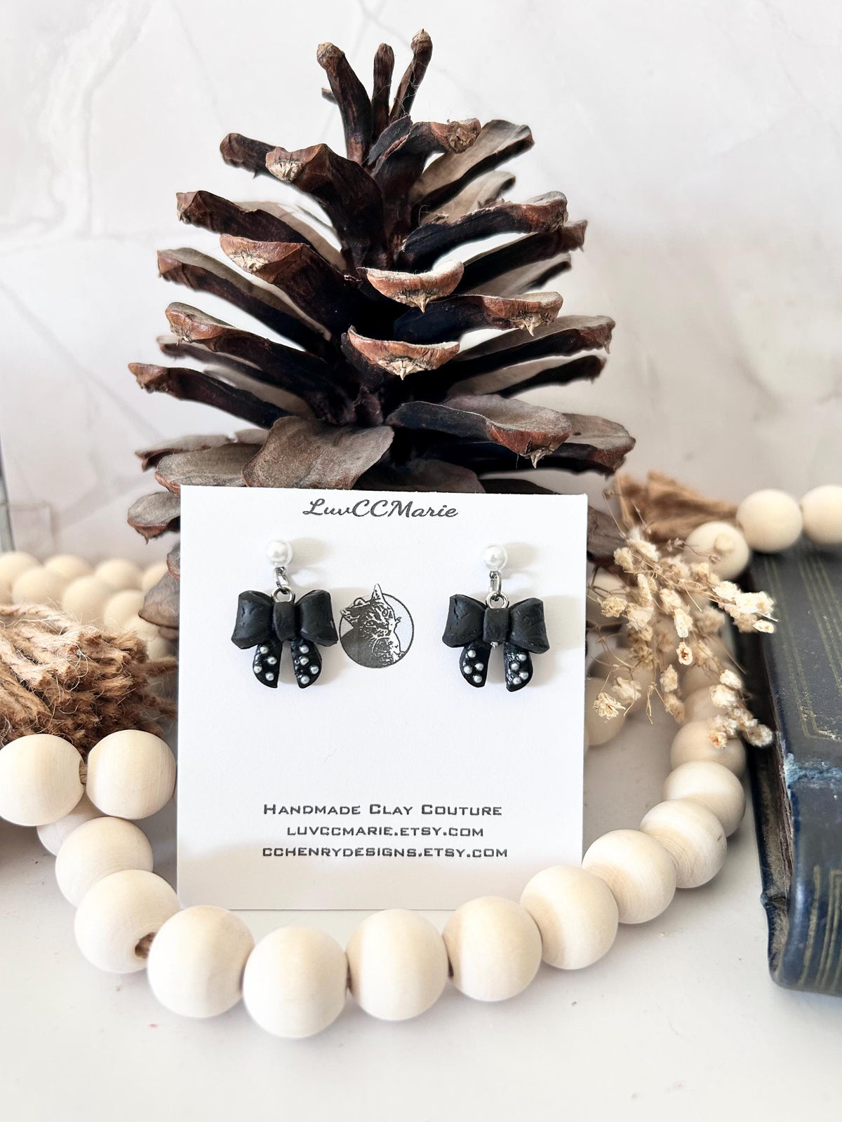 Black Clay Bow Knot Dangle Earrings, White Pearl Studded Dangles, Polka Dot Handmade Jewelry