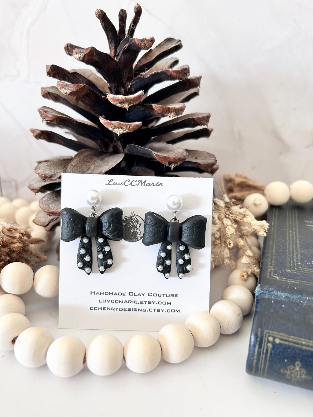 Black Clay Bow Knot Dangle Earrings, White Pearl Studded Dangles, Polka Dot Handmade Jewelry