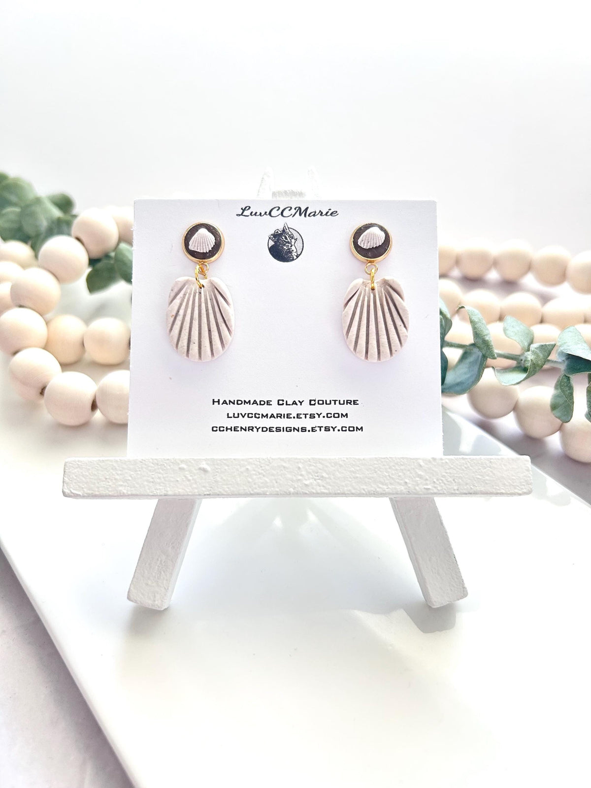 Seashell Earrings, White Clay Beach Wedding Stud Dangles, Boho Jewelry Gift for Bride
