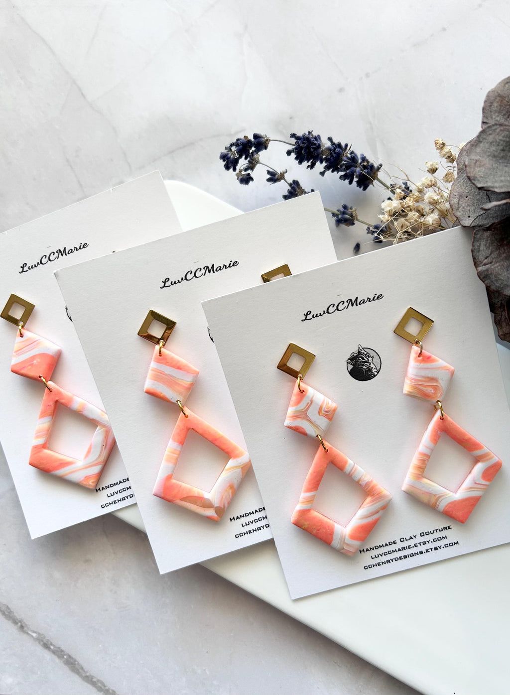 Coral Statement Dangle Earrings, Geometric Dangles, Handmade Lightweight Boho Jewelry