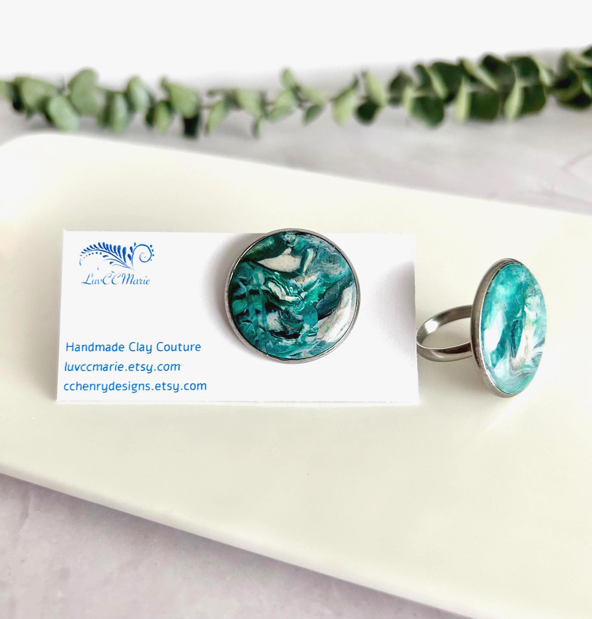 Green Faux Malachite Stone Polymer Clay Ring, Stainless Steel Adjustable Band, Handmade Jewelry