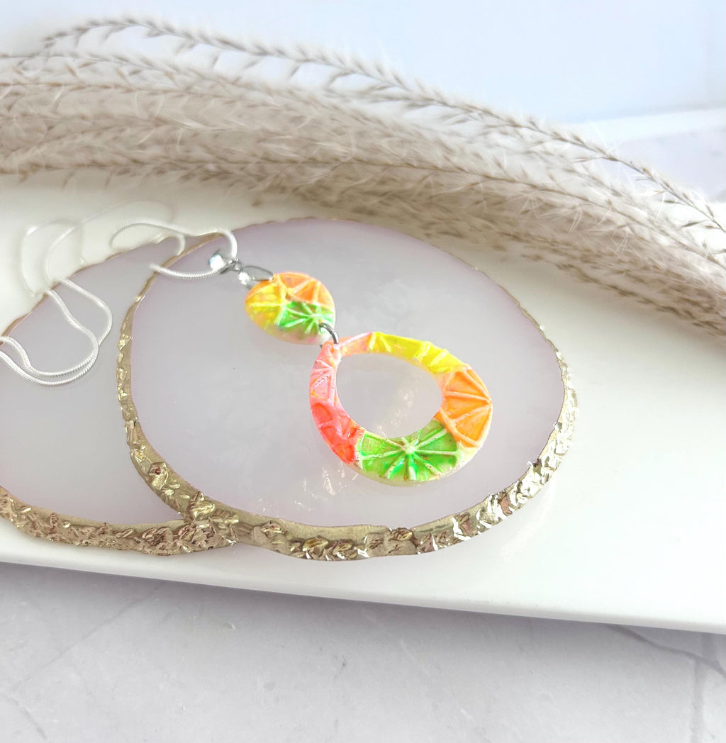 Citrus Necklace, Foodie Pendant, Silver Orange ,Neon Pink, Fluorescent Green, Teardrop Lemon Handmade Jewelry
