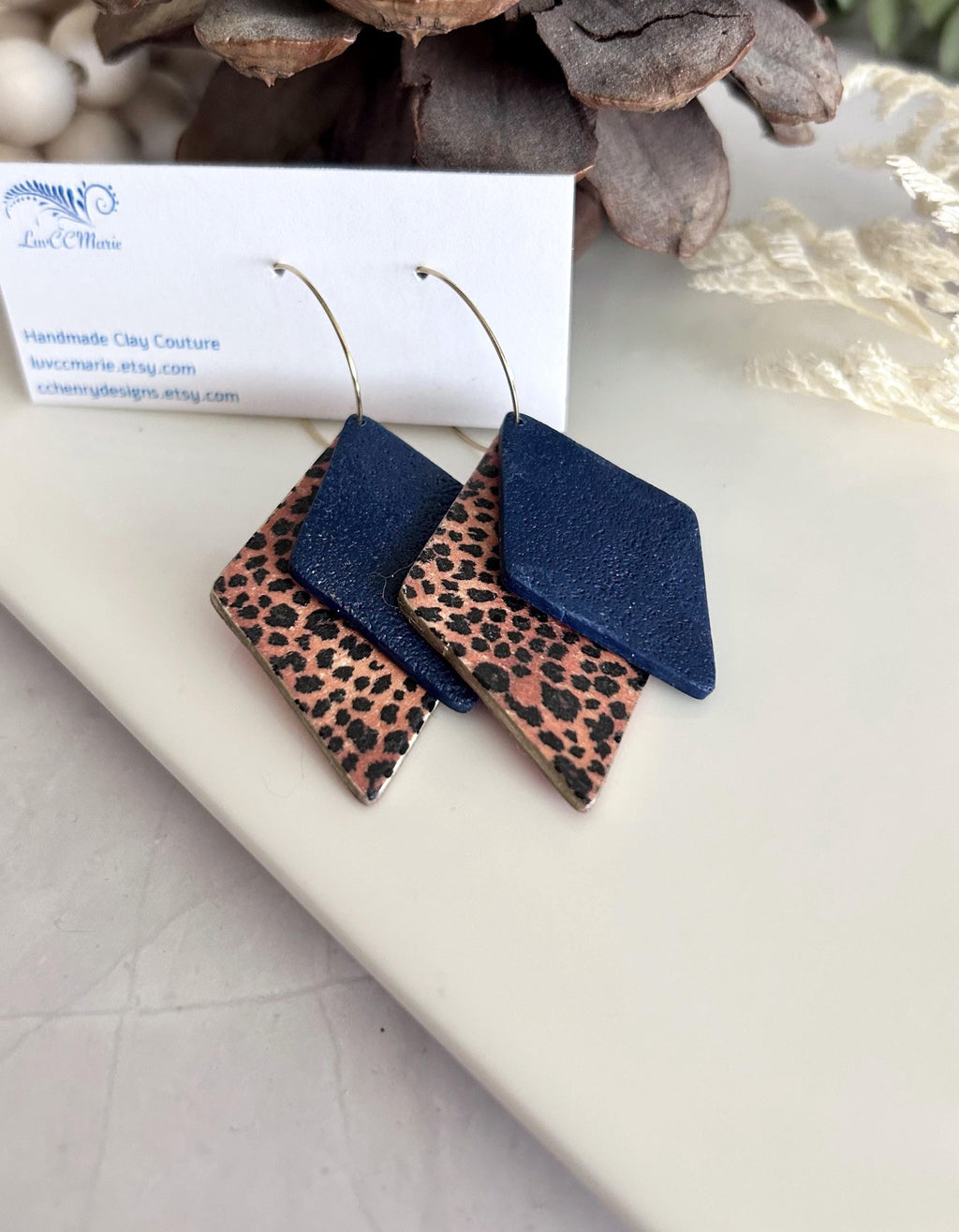 Navy Blue Leopard Print Hoop Earrings, Clay Dangles, Handmade Hypoallergenic Surgical Stainless Steel
