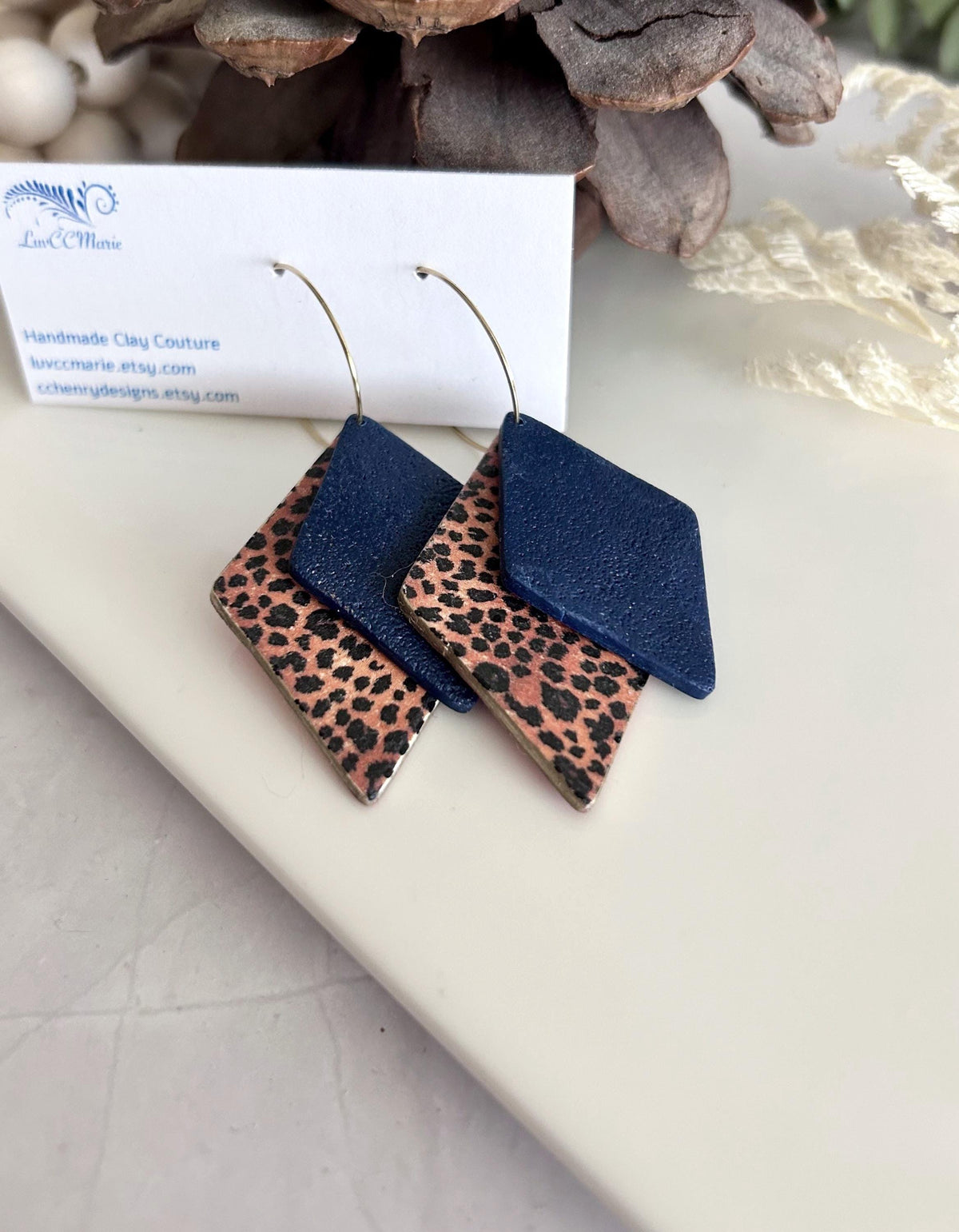 Navy Blue Leopard Print Hoop Earrings, Clay Dangles, Handmade Hypoallergenic Surgical Stainless Steel