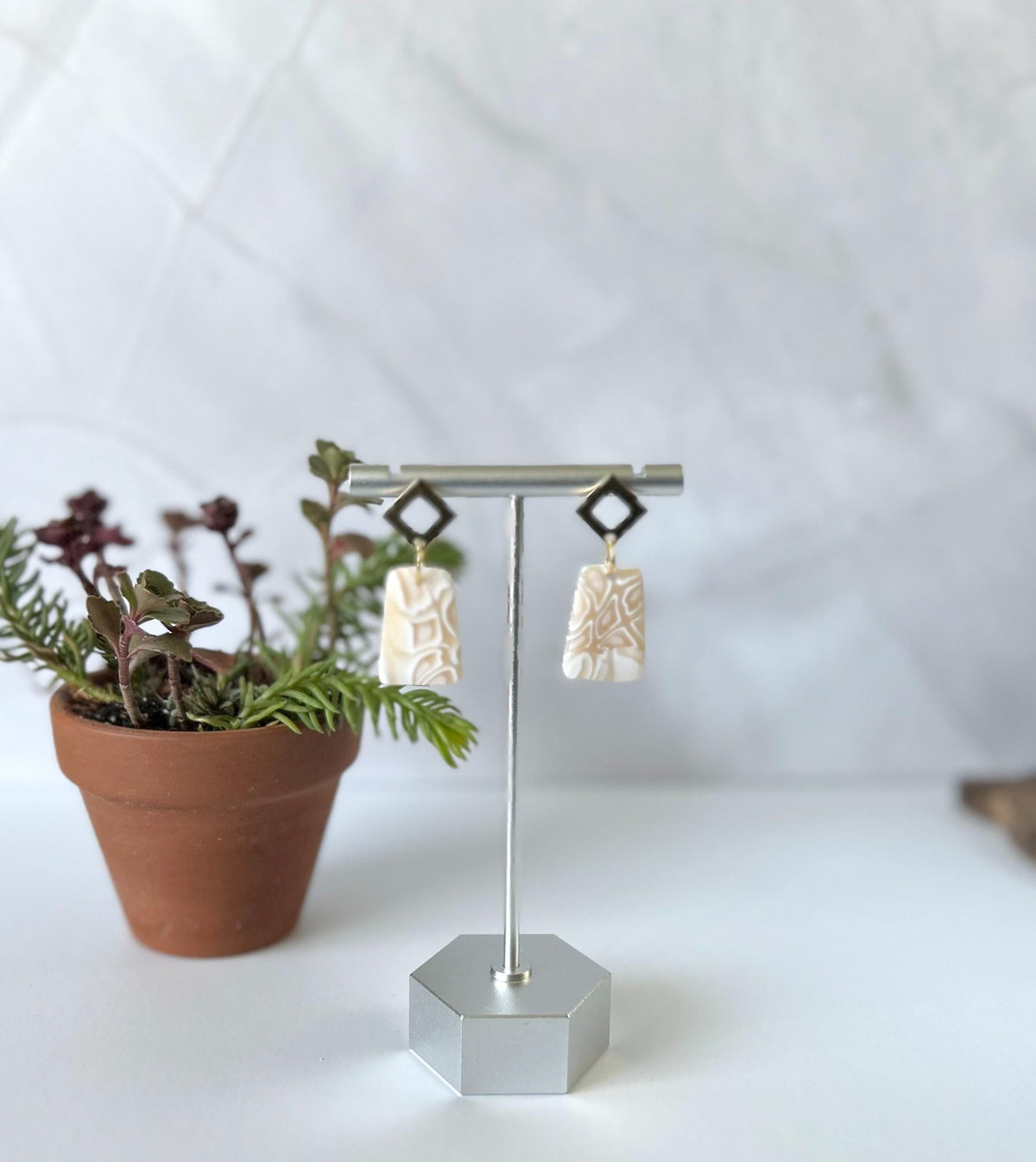 Beige and White Drop Earrings, Neutral Clay Dangles, Abstract Tortoiseshell Handmade Jewelry