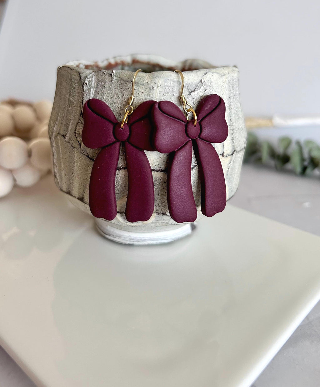 Dark Burgundy Bow Earrings, Fall Statement Hoop Dangles, Maroon Boho Clay Handmade Jewelry