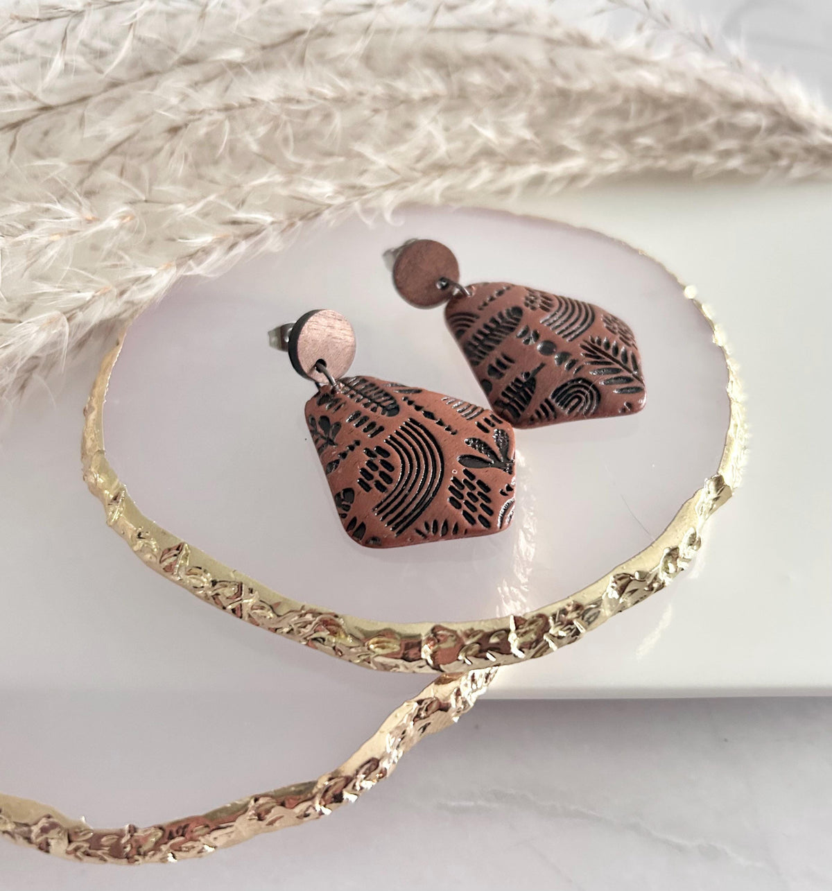 Brown & Black Boho Earrings, Embossed Folk Dangles, Clay Wood Faux Leather Fall Terracotta Mexican