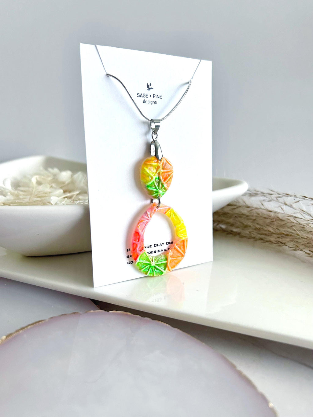 Citrus Necklace, Foodie Pendant, Silver Orange ,Neon Pink, Fluorescent Green, Teardrop Lemon Handmade Jewelry