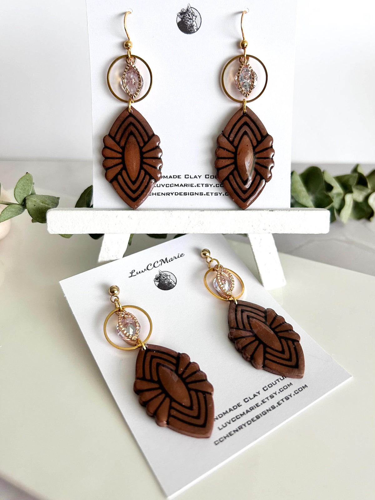 Dark Brown Clay Dangle Earrings: Gold Cubic Zirconia, Boho Wedding Jewelry