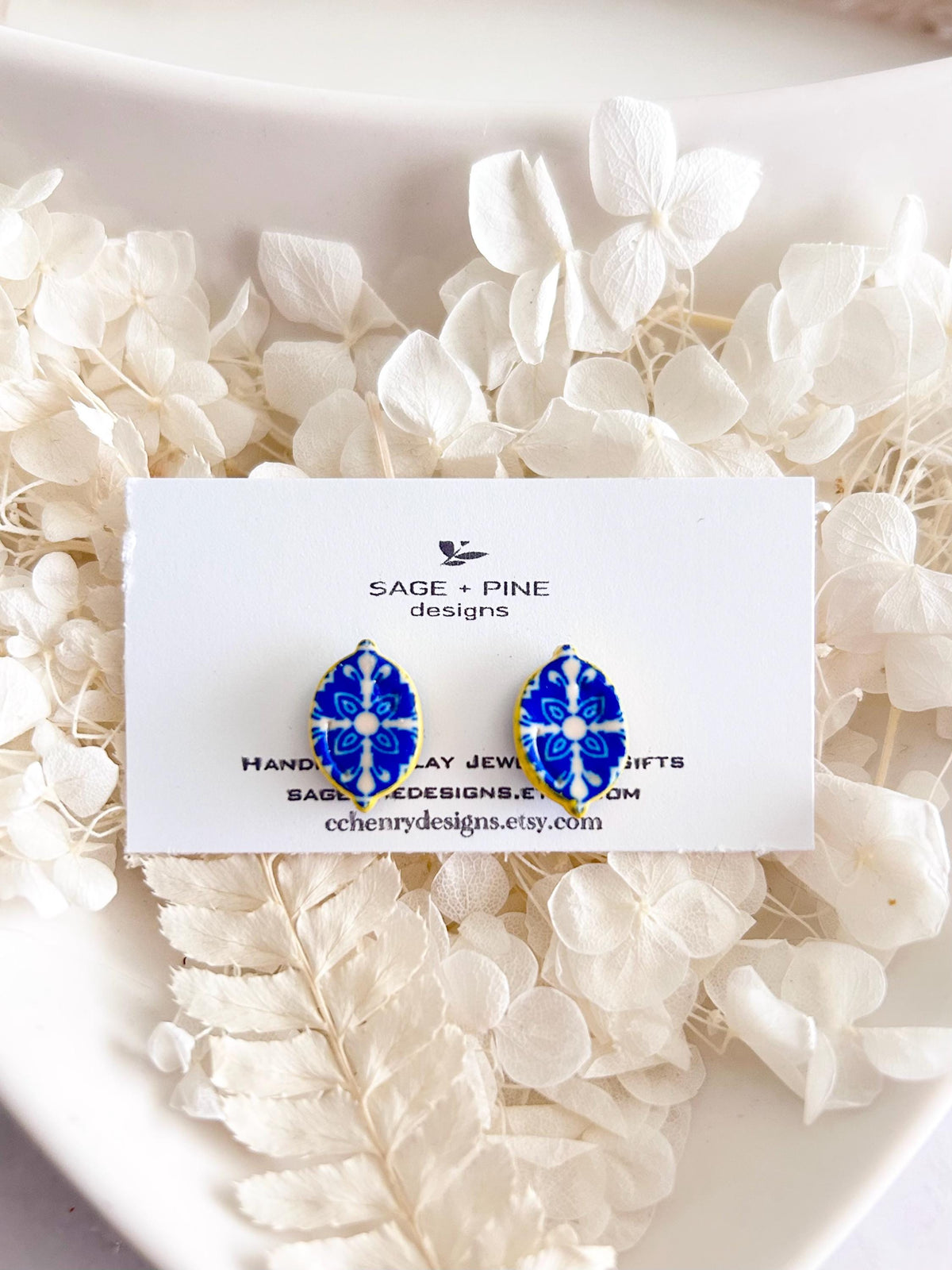 Handmade Lemon Santorini Tile Stud Earrings, Blue White Polymer Clay, Mediterranean Jewelry