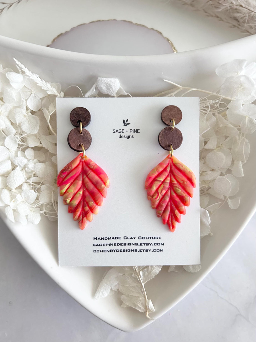 Neon Leaf Earrings, Walnut Wood Bead Earrings, Multicolor Dangles, Hypoallergenic Clay Lightweight Jewelry