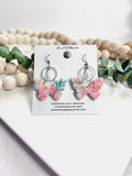 Pink Ranunculus Flower Floral Butterfly Dangle Earrings, White Pearl Hoop Dangles, Unique Bridal Gift