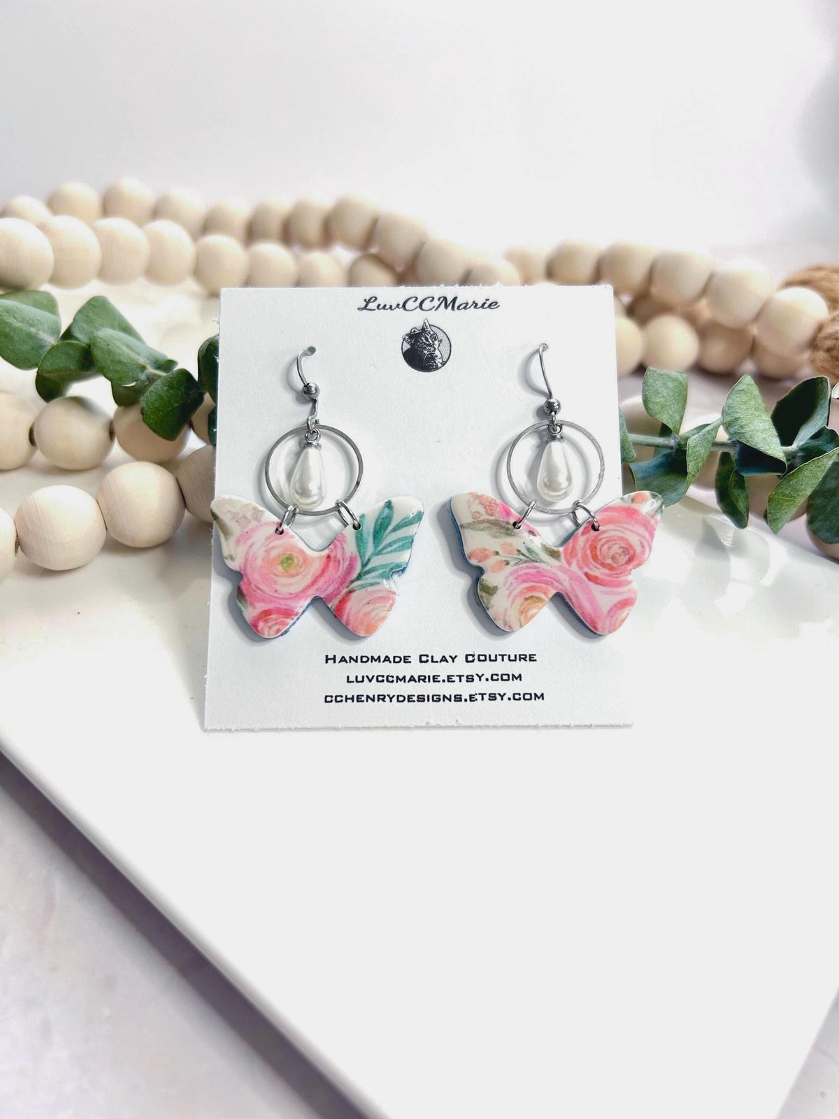 Pink Ranunculus Flower Floral Butterfly Dangle Earrings, White Pearl Hoop Dangles, Unique Bridal Gift