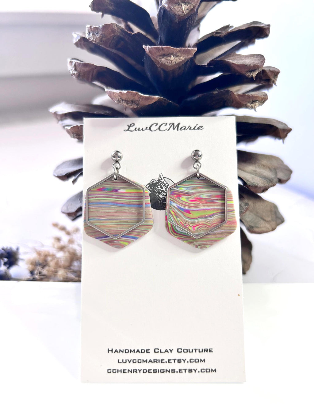 Handmade Clay Striped Earrings, Rainbow Pride Silver Dangles, Lightweight Jewelry Gift