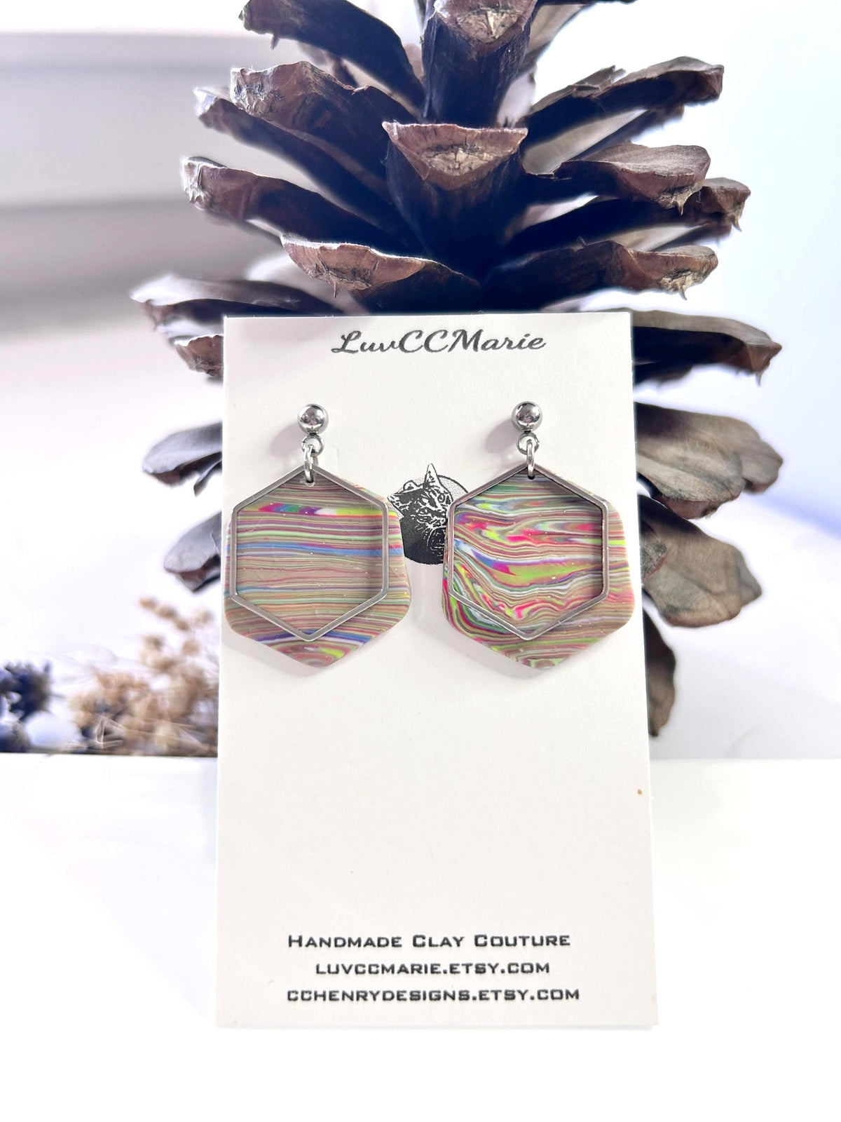 Handmade Clay Striped Earrings, Rainbow Pride Silver Dangles, Lightweight Jewelry Gift