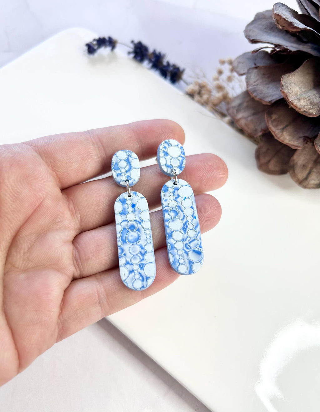 Cobalt Blue Bar Earrings: Mokume Clay Boho Dangles