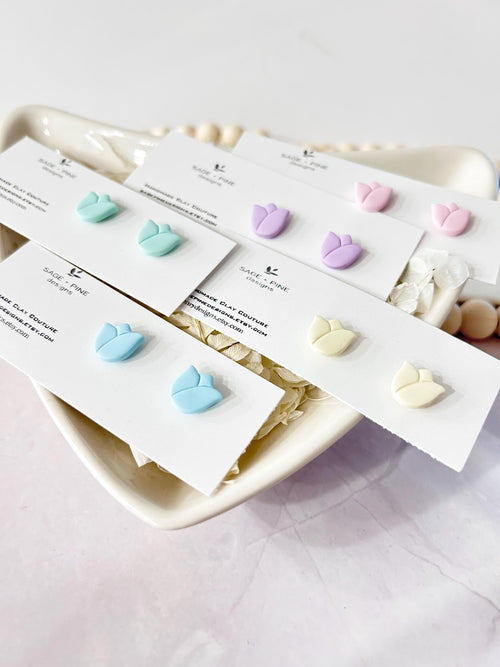 Blue Tulip Pastel Flower Studs, Boho Clay Floral Stud Earrings
