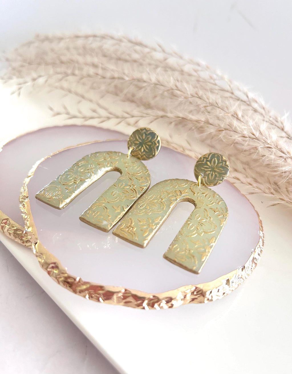 Gold & Sage Drop Studs, Santorini Earrings, Statement Arches, Holiday Jewelry