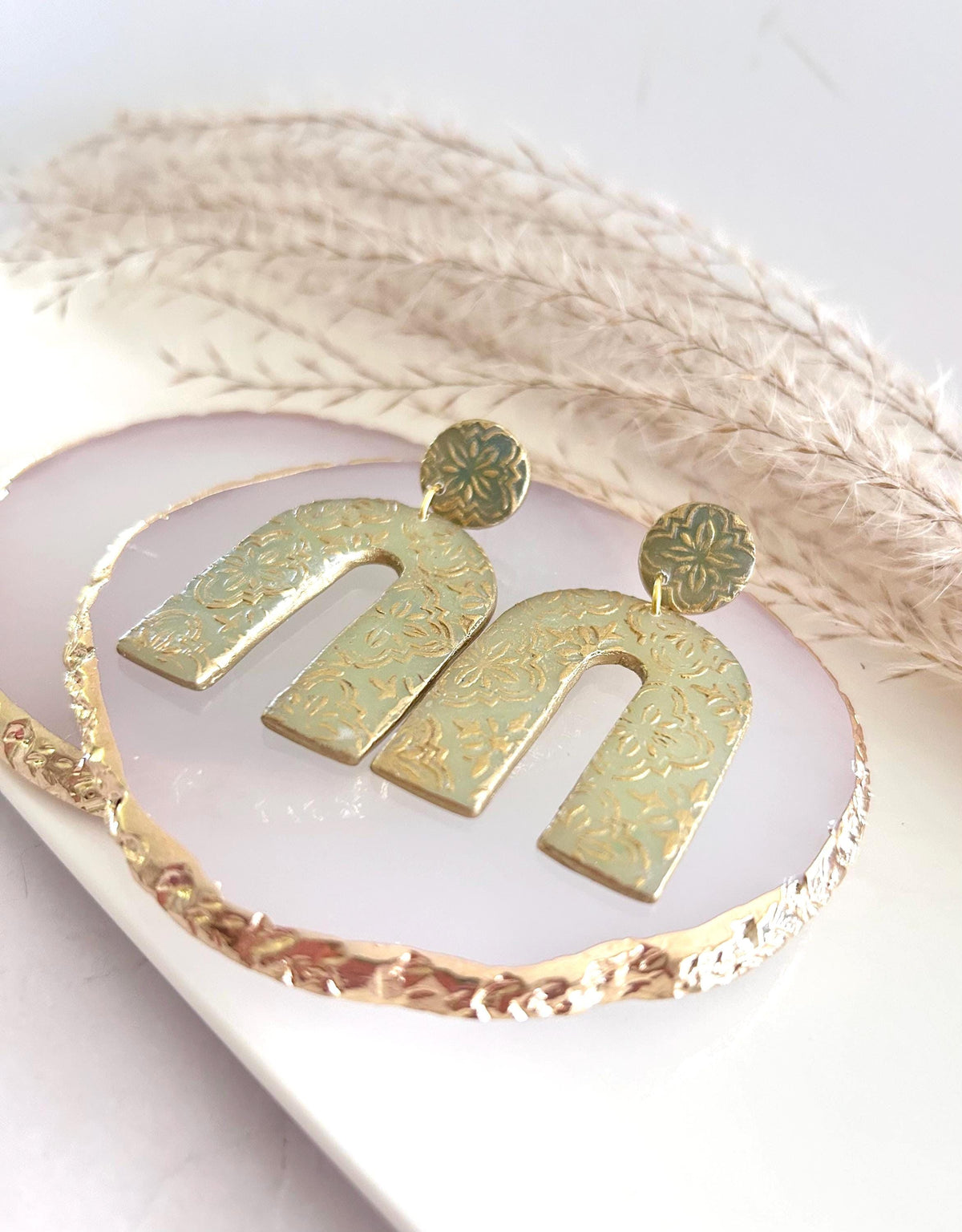 Gold & Sage Drop Studs, Santorini Earrings, Statement Arches, Holiday Jewelry