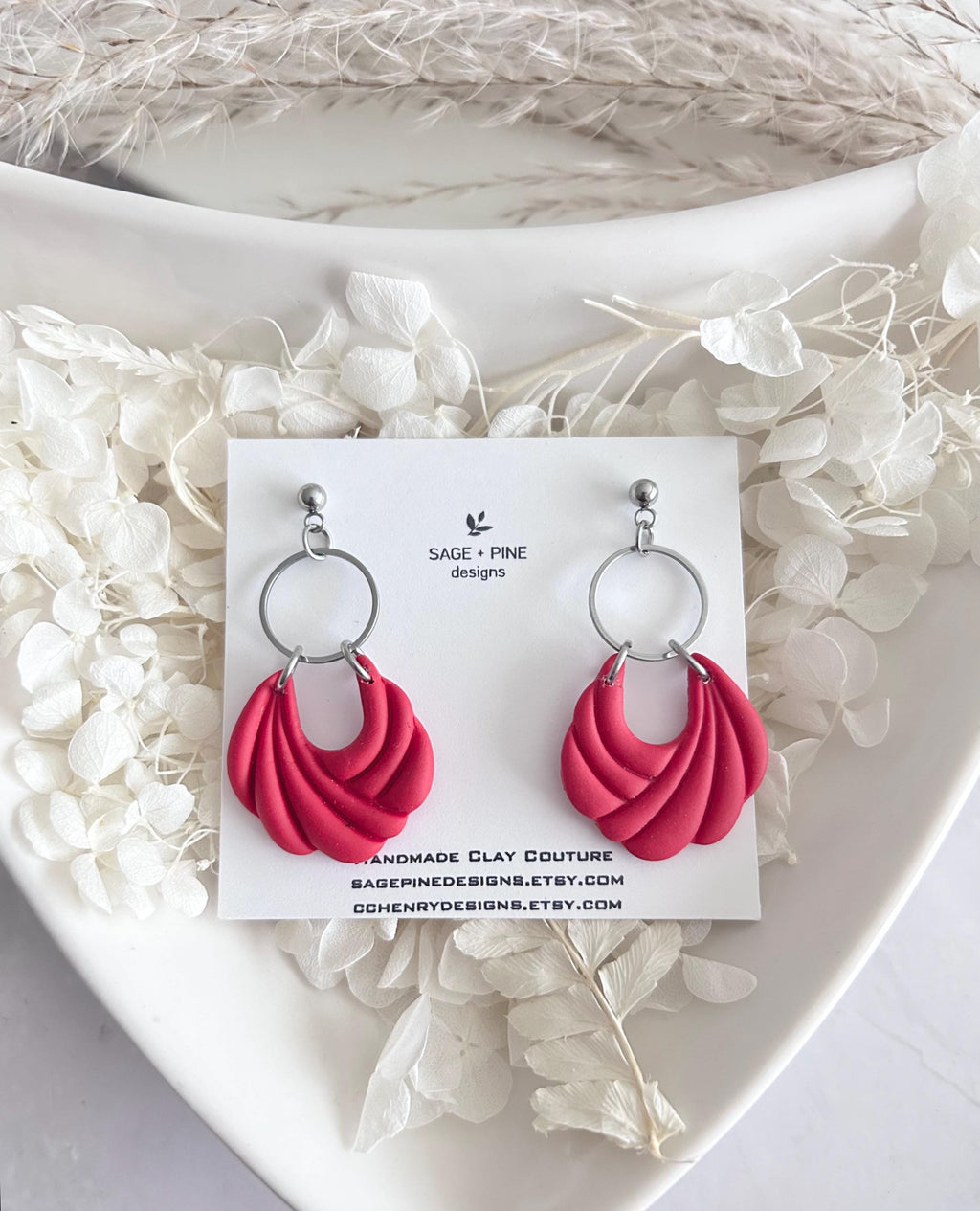 Vibrant Red Clay Dangle Hoop Earrings, Modern Dangles, Lightweight Handmade Polymer Jewelry