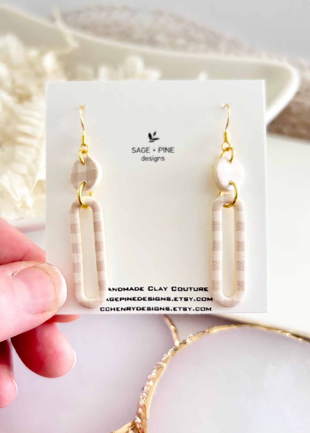 Beige and Gold Gingham Earrings, Clay Hoop Dangles, Lightweight Hypoallergenic