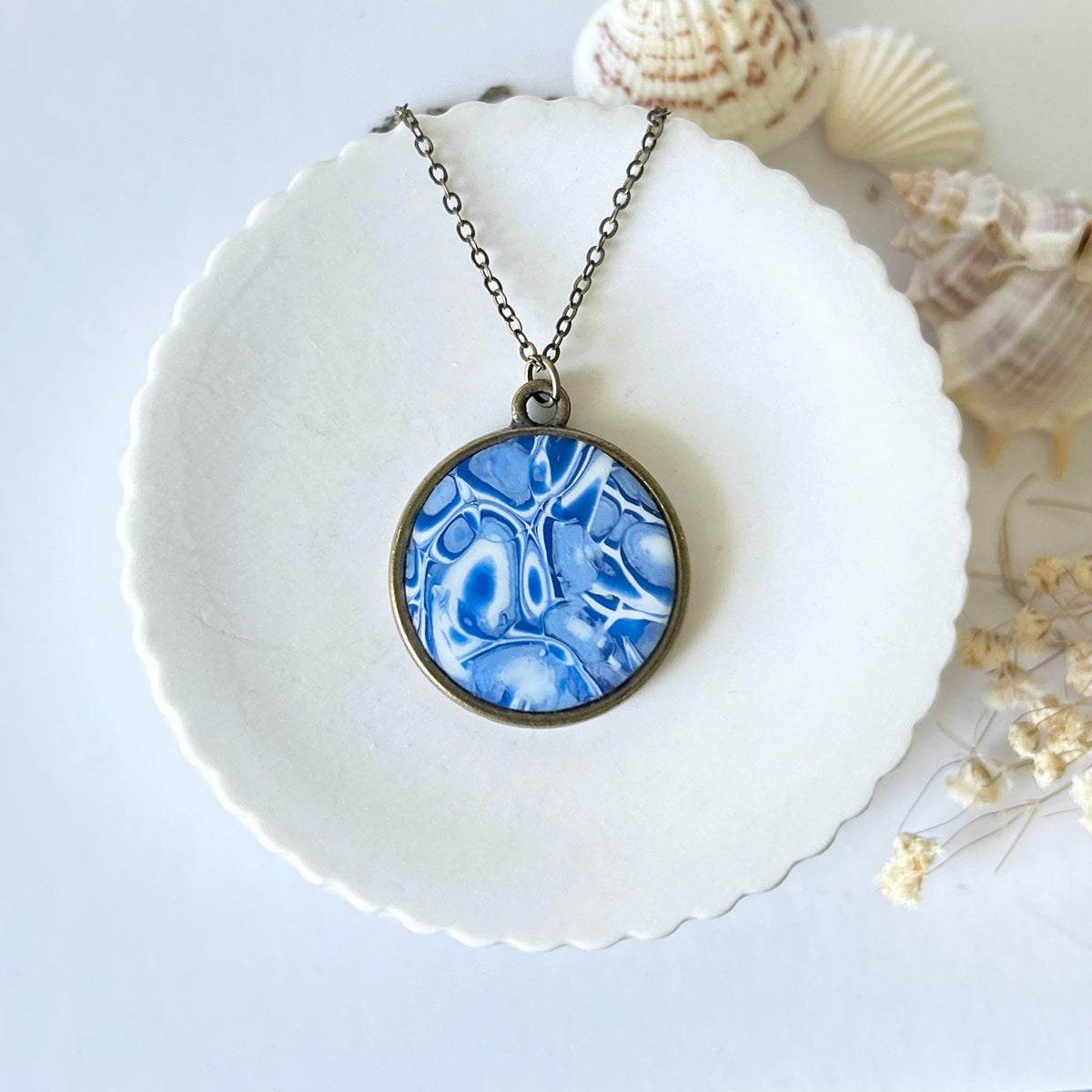 Marbled Mokume Clay Pendant Necklace: Navy Blue Boho Jewelry