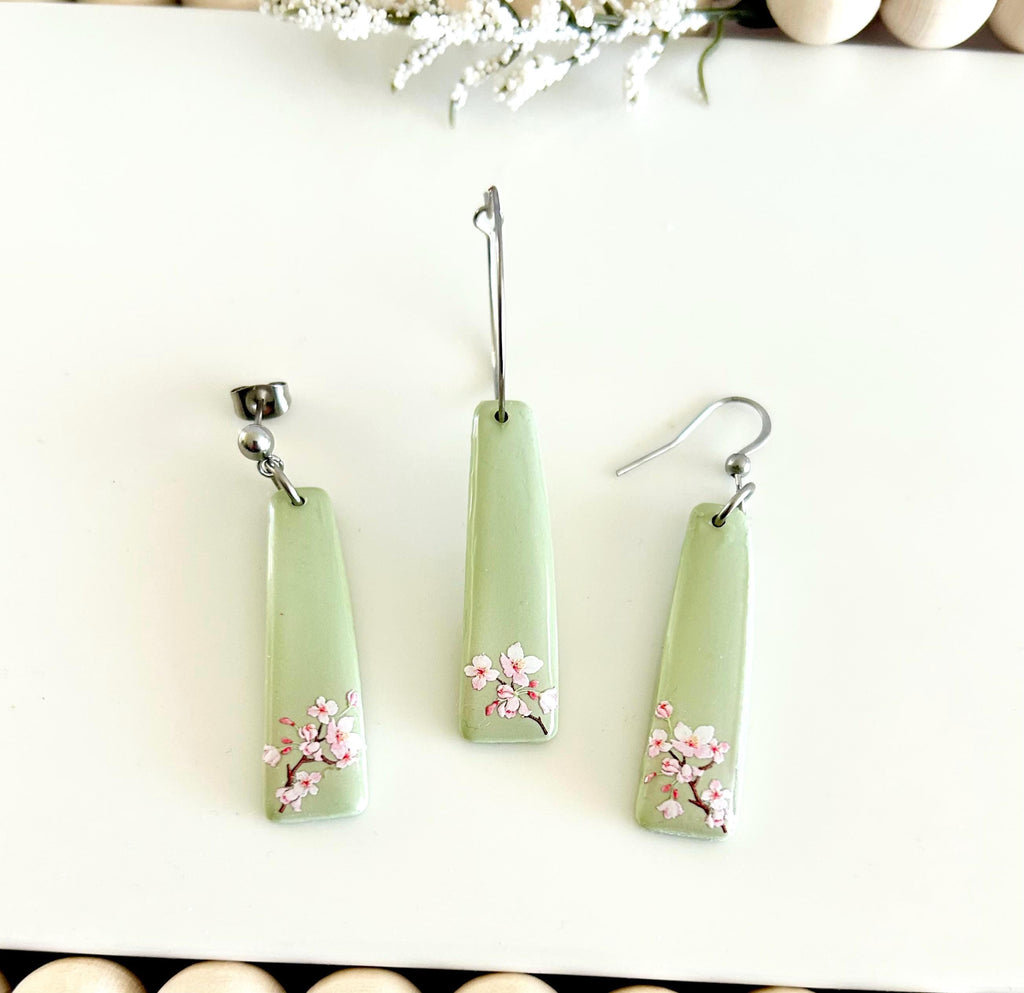 Sage Green Cherry Blossom Handmade Clay Dangle Earrings, Drop Dangles, Lightweight Jewelry