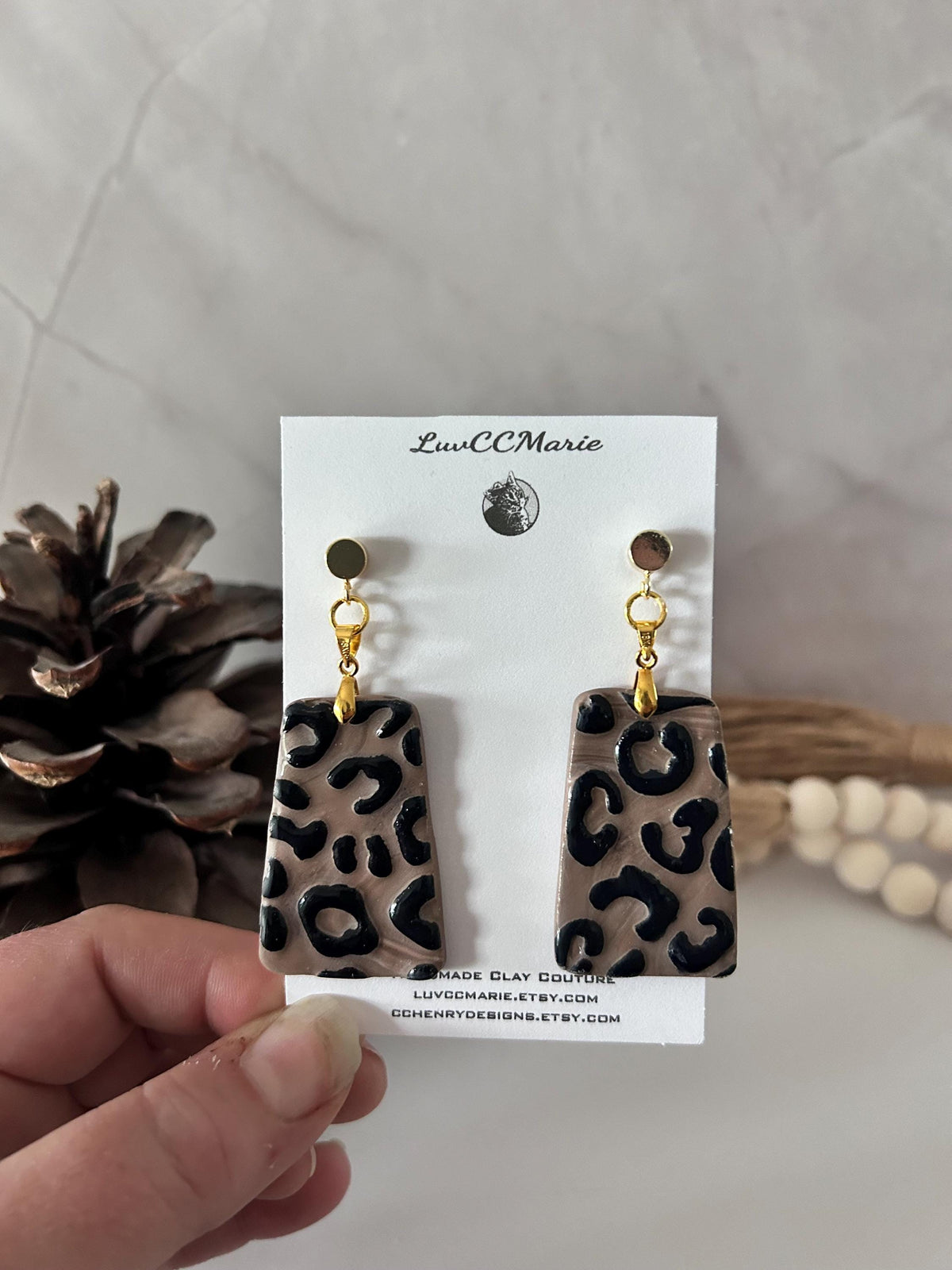 Handmade Leopard Print Earrings: Boho Polymer Clay Dangles